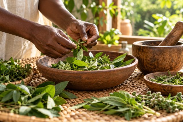 Hands sorting fresh leaves beside a clay bowl and wooden mortar