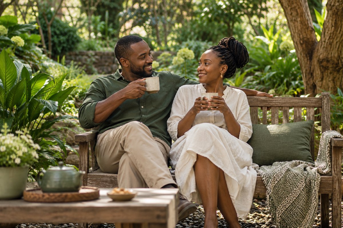 A couple sharing tea on a garden bench
