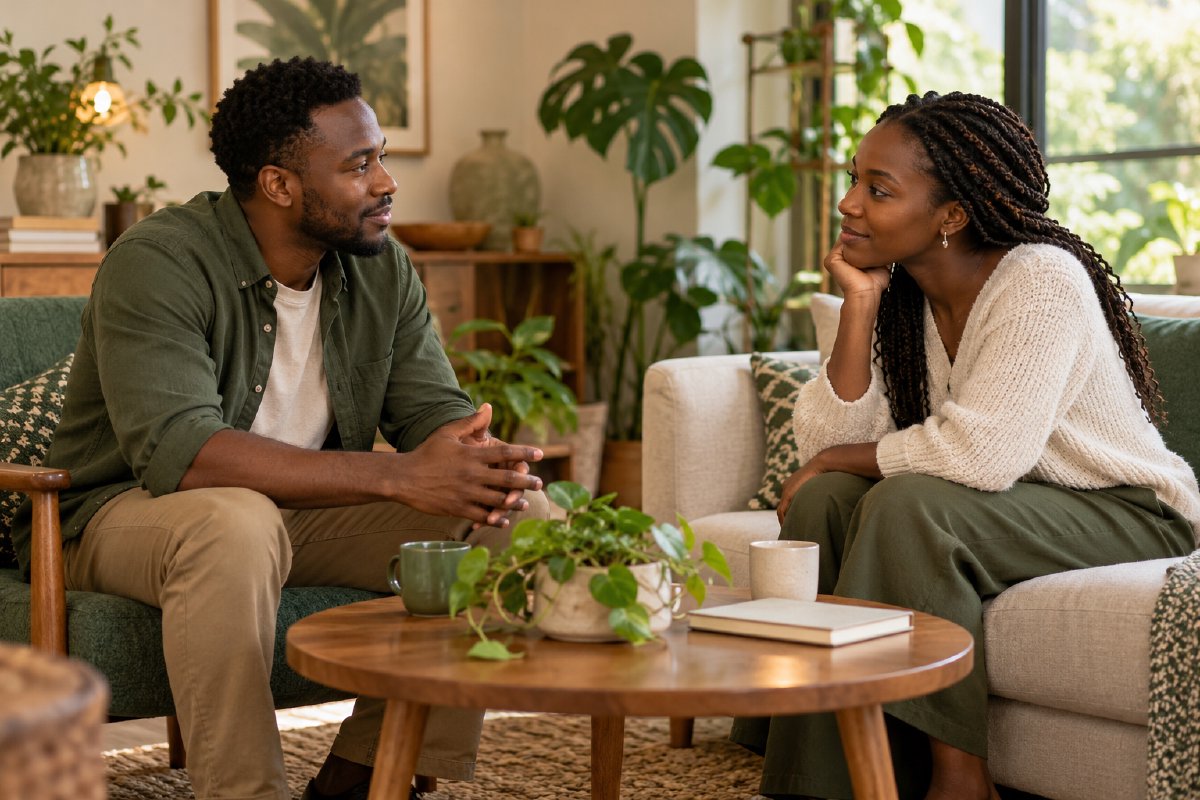 Two adults listening to each other in a calm living room