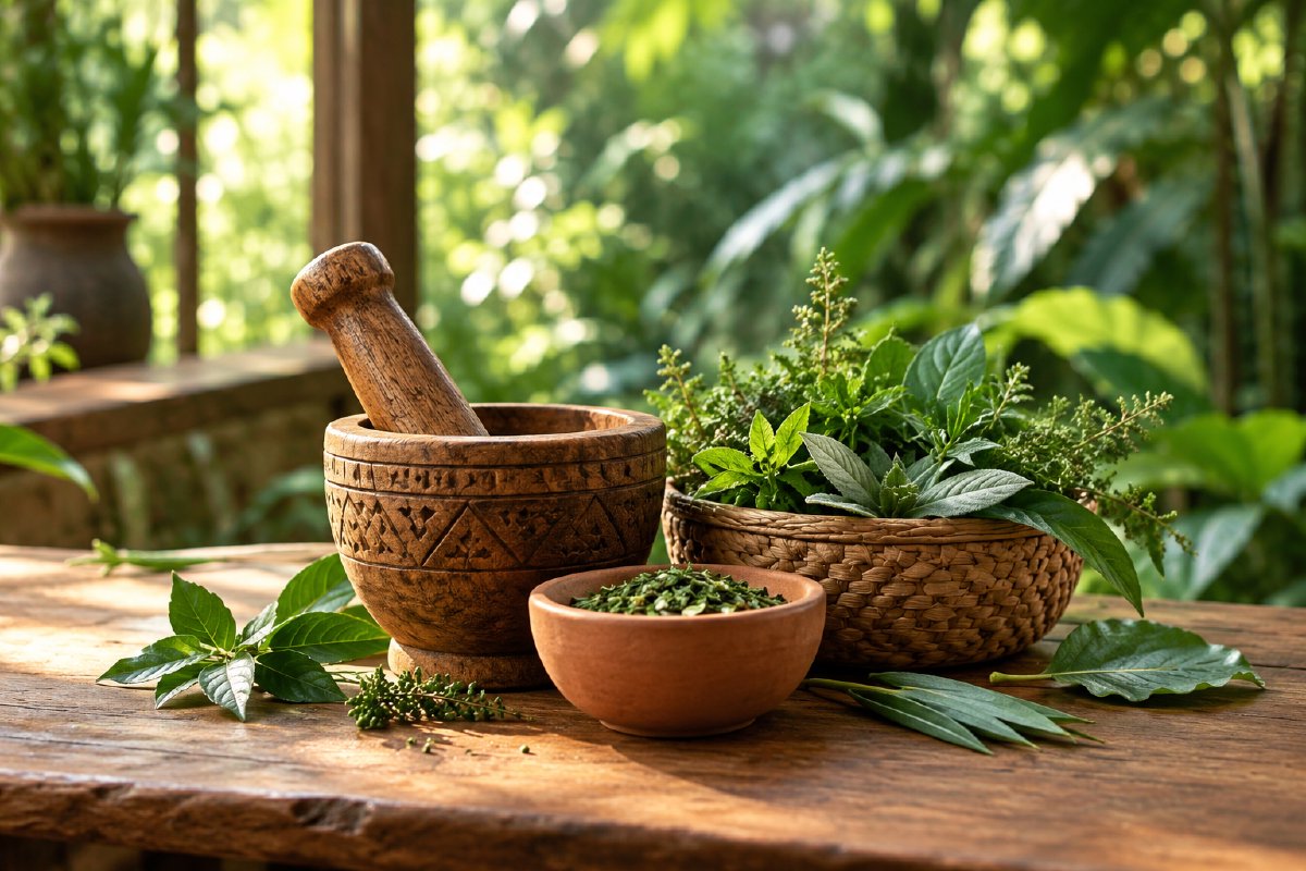 A wooden mortar, woven basket and clay bowl with fresh leaves