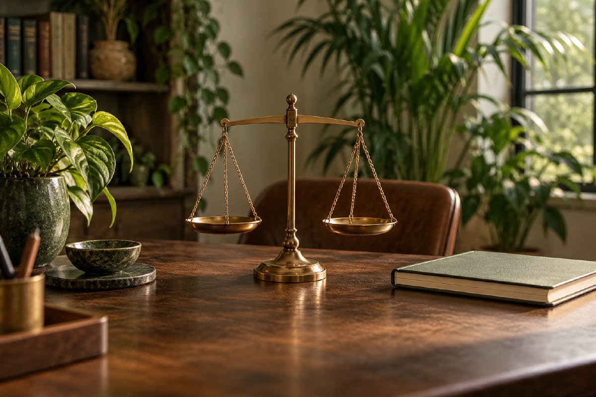 Brass balance scales and a plain notebook in soft window light