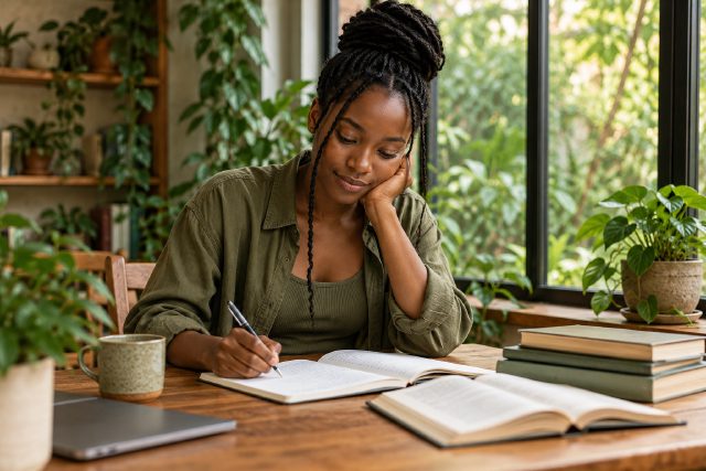 A student studying by a garden window
