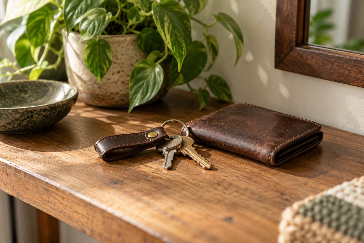 Keys and a leather wallet on a wooden shelf