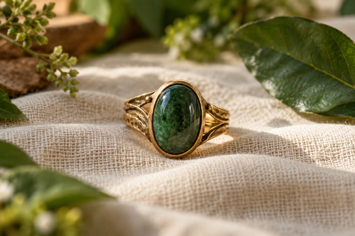 A handmade brass ring with a green stone on ivory linen