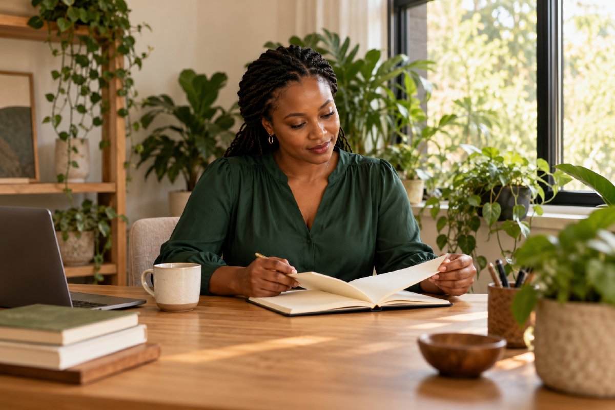 A professional reviewing her notebook in a bright plant-filled workspace