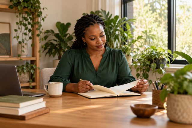 A professional reviewing her notebook in a bright plant-filled workspace