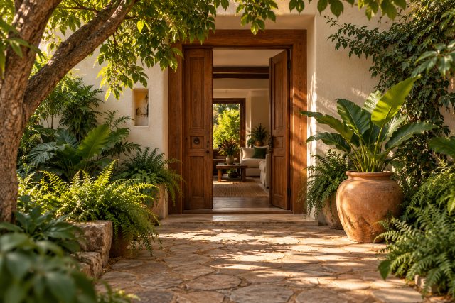 A wooden doorway opening onto a peaceful green courtyard