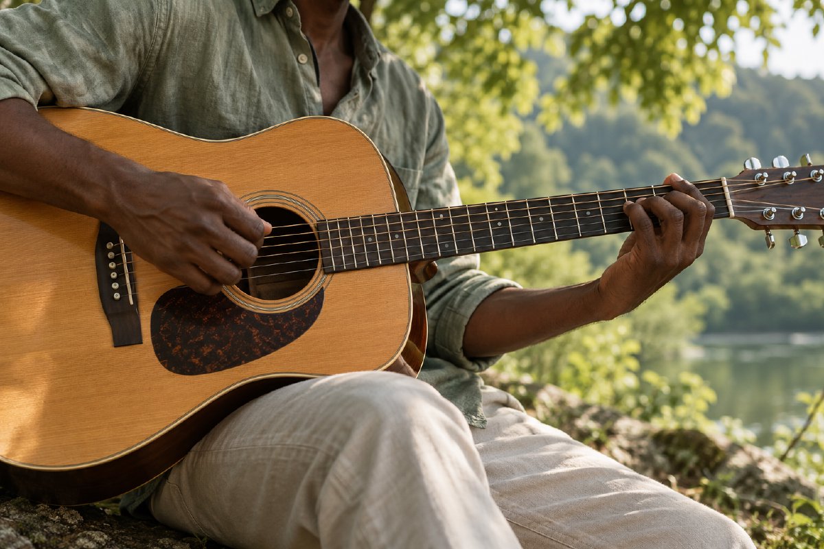 Hands playing an acoustic guitar beneath leafy trees